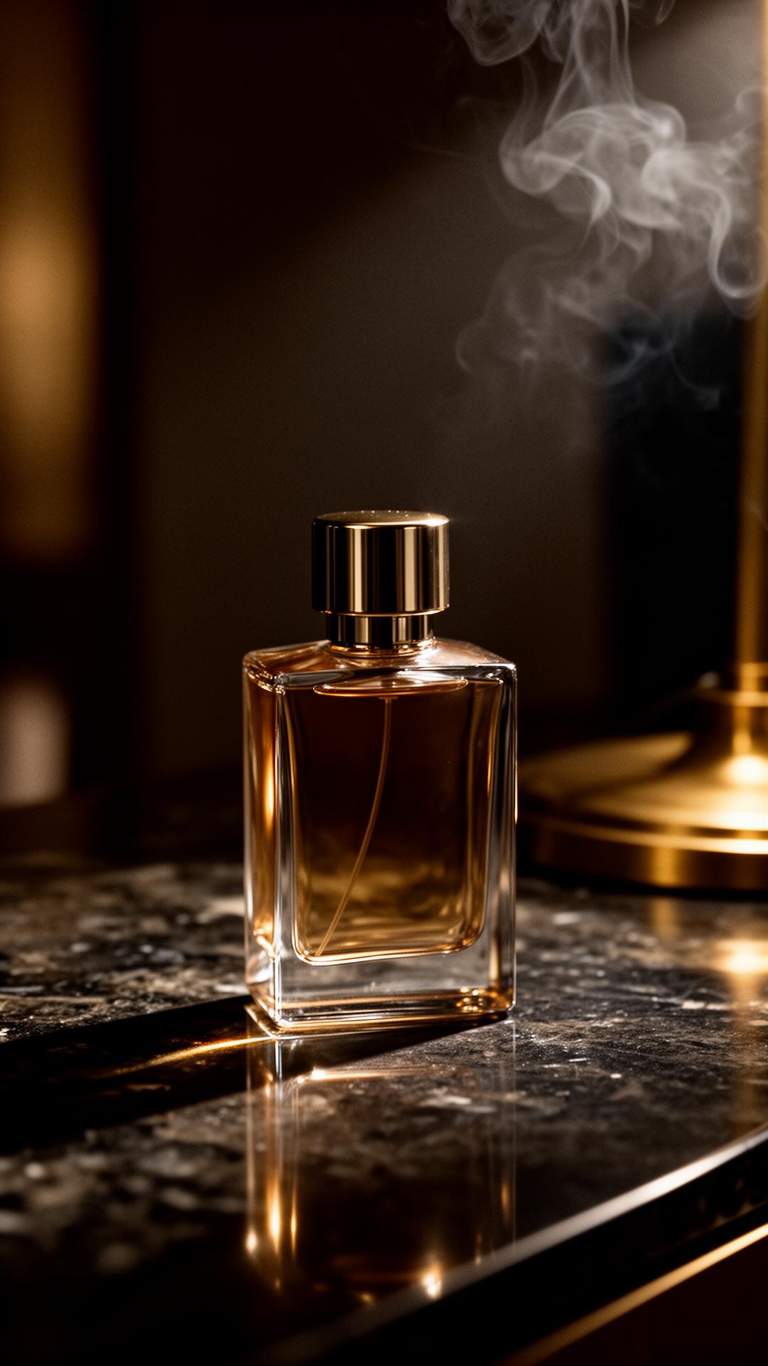 Luxury fragrance bottle on dark stone surface, lit by warm cinematic light with drifting smoke